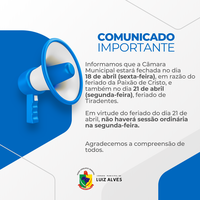 Câmara Municipal não terá expediente durante feriados de Páscoa e Tiradentes