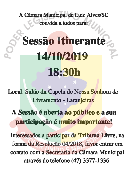 Câmara realizará a sexta sessão itinerante em Laranjeiras no dia 14 de outubro